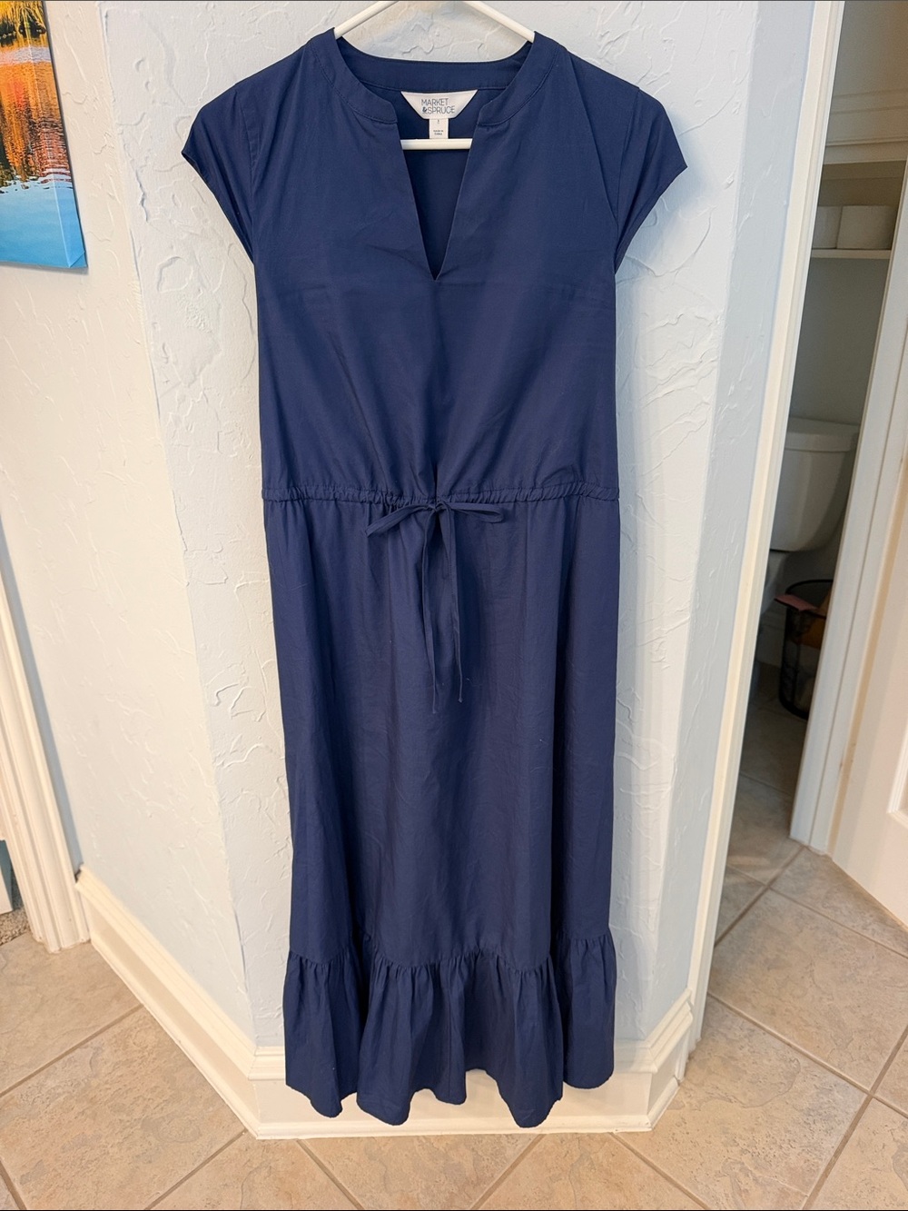 Market & Spruce Navy Cap-Sleeve Maxi Dress with Drawstring Waist